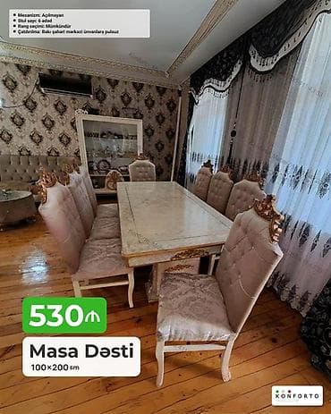 kohnə stul: Masa Dəsti – 100×200 sm - Klassik üslubda, mərmər naxışlı geniş masa — 1