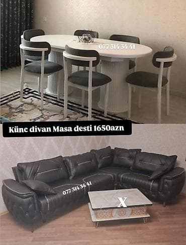 Ev üçün mebel: - Künc divan və masa dəsti - Qara rəngli, müasir dizaynlı künc divan — 1