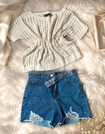 Личные вещи: Qadin geyim dəsti – ağ açıq naxışlı trikotaj bluz və mavi denim şort — 1