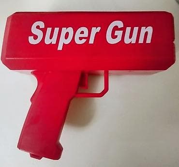 Игрушки: Pul atıcı oyuncaq tapança, parlaq qırmızı rəngdə və üzərində “Super — 2