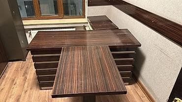 sade mebeller: Ofis mebel dəsti - Ofis masası: L‑şəkilli iş masası, tünd qəhvəyi — 5