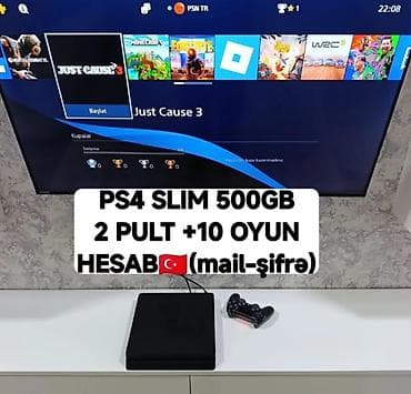 PS4 Slim 500GB oyun konsolu - Komplekt: 2 ədəd DualShock pultu, +10