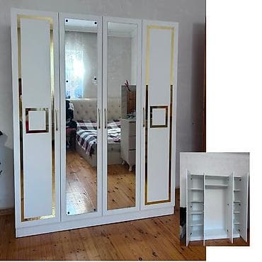 divar skafi: Yeni, 4 qapılı, Güzgülü, Ağ, Açılan, Düz dolab — 1