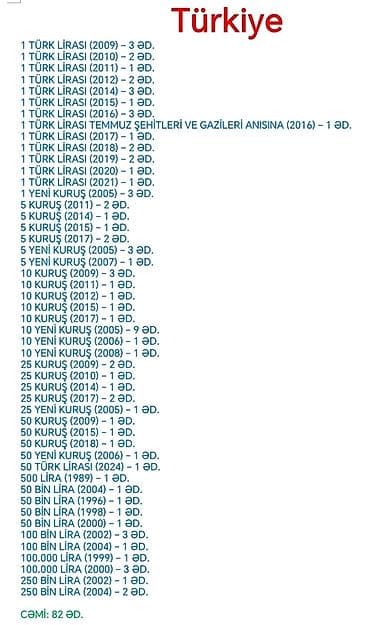 skuter 50: Türkiyə sikkələri kolleksiyası — ümumilikdə 82 ədəd. Məzmun (seçilmiş — 1