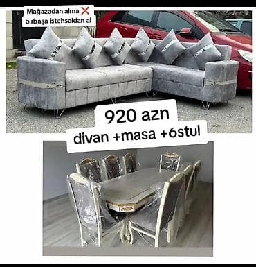 Divan və masa dəstləri: Mebel dəsti: divan + masa + 6 stul - Künc divan: boz rəngli, yumşaq — 1
