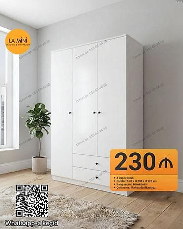 3 qapılı, Siyirməli, Ağ, Açılan, Düz dolab