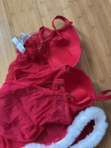 Gecəliklər: Qırmızı Şaxta Baba tərzli gecəlik/babydoll - Rəng: parlaq qırmızı, ağ — 2