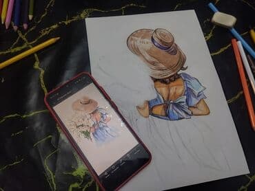 ручная швейна машина: "Çobanyastığılarla qız" karandaş, kağız Ölçü : A4 çərçivə ilə — 3