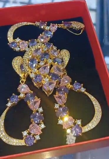 qizil uşaq sırğaları: Gumus dest.Zərgərlik dəsti – qızılı rəngli əsas və bənövşəyi-çəhrayı — 1