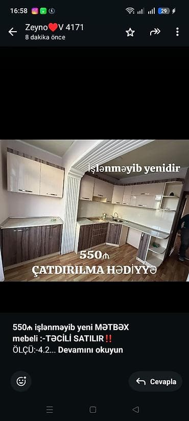 *550₼ işlənməyib yeni MƏTBƏX mebeli :-TƏCİLİ SATILIR*‼️ ÖLÇÜ:-4.2