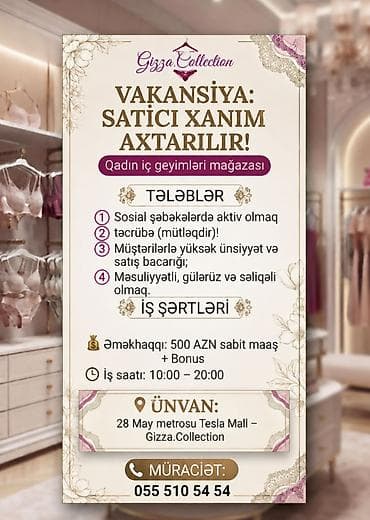 zara iş vakansiya: Satış məsləhətçisi tələb olunur, Yalnız qadınlar üçün, 3-5 illik təcrübə, Aylıq ödəniş — 1