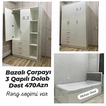 Bazalı çarpayı + 3 qapılı dolab dəsti - Qiymət: 470 AZN (şəkildə