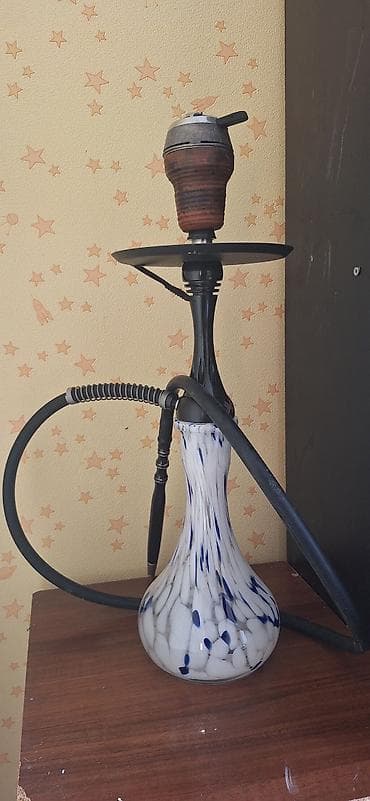 Nəfis dizaynlı qəlyan - Şüşə kolba: ağ əsaslı, mavi naxışlı qalın — 1