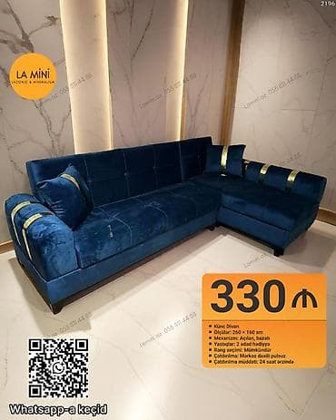 Künc divan, Açılan, Bazalı, Vеlur parça, Şəhərdaxili pulsuz çatdırılma