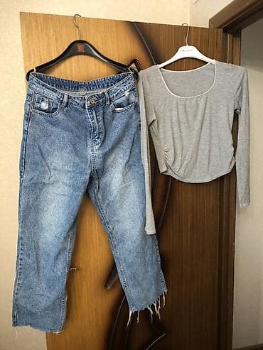 Qadın geyim dəst 15azn - 2 parça: açıq mavi düz kəsim cins şalvar və