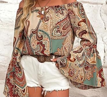 şort: Bohem üslubunda qadın bluzası - Model: off-shoulder (çiyinləri açıq) — 1