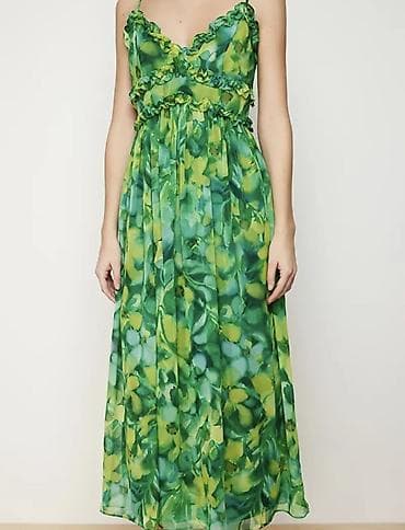 Yaşıl çalarların akvarel effektli çiçək naxışlı qadın paltarı - — 3