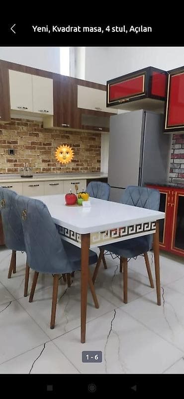 Mətbəx üçün, Yeni, Açılan, Dördbucaq masa, 4 stul