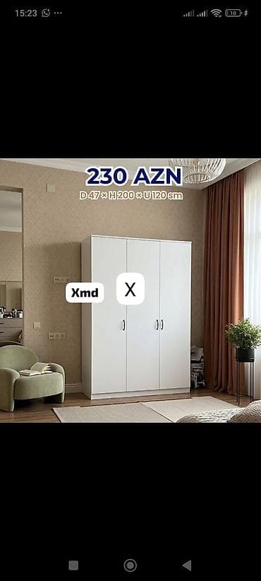 Ev üçün mebel: Məhsul: Üç qapılı paltar dolabı - Ölçülər: Dərinlik 47 sm × Hündürlük — 1