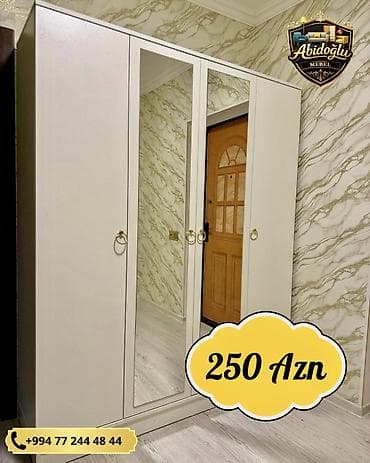 dolab skaf: Yeni, 4 qapılı, Güzgülü, Ağ, Açılan, Düz dolab — 1