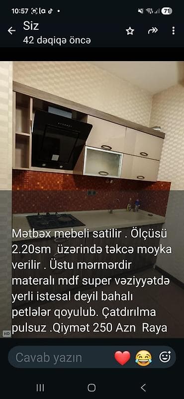 bahali saatlar: Mətbəx mebeli satılır. - Ölçü: 2.20 m uzunluq - Üstü: mərmərdir - — 1