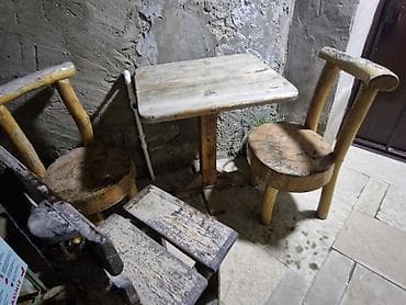 heyet evi ucun stol stul: Rustik ağac mebel dəsti - Tərkib: 1 kvadrat formalı kiçik masa + 2 — 3