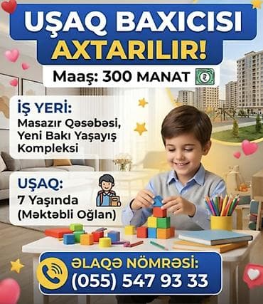 Dayələr: Uşaq baxıcısı tələb olunur - İş yeri: Masazır qəsəbəsi, Yeni Bakı — 1