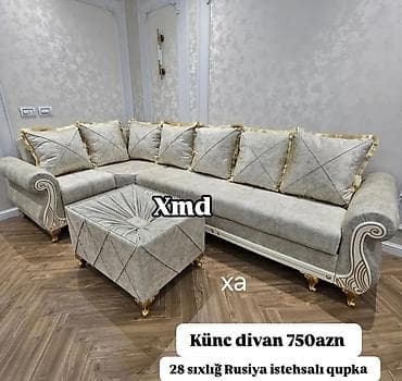 kreditle künc divanlar: Künc divan – 750 AZN Zərif klassik dizaynlı künc divan və uyğun puf — 1