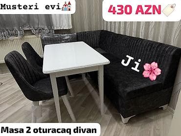 Mətbəx üçün künc dəsti: ağ stol + 2 ədəd kreslo tipli oturacaq + künc