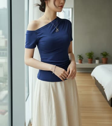 женские льняные штаны: Mavi rəngli asimmetrik bluzka — 3