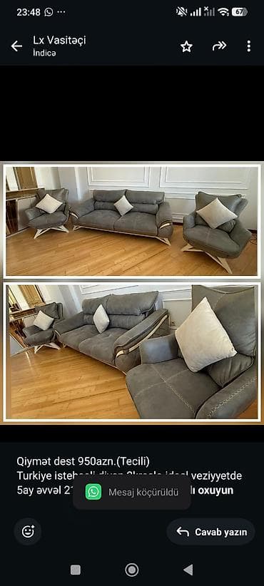 Ev üçün mebel: Qiymət dest 950azn.(Tecili) Turkiye istehsali divan 2kreslo ideal — 1