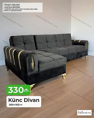 Künc divan – 260×160 sm - Mexanizm: Açılan, bazalı (yataq funksiyalı