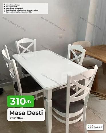 Məhsul: Masa Dəsti - Ölçü: 70×120 sm - Komplekt: 1 masa + 4 stul -