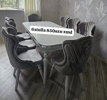 ag masa: Yemək otağı dəsti – 1 masa + 6 stul - Masa: parlaq ağ üst səth, xrom — 1