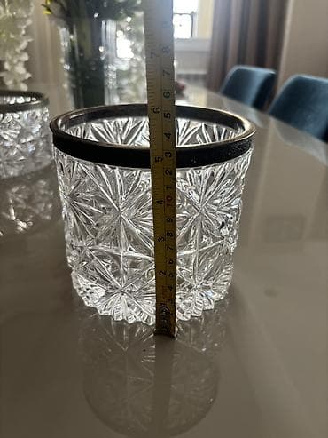samdan: Kəsilmiş naxışlı kristal qab – metal haşiyəli - Material: şəffaf — 2