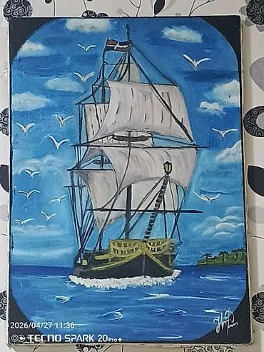 Dəniz mövzusunda əl işi tablo – yelkənli gəmi - Texnika: kətan