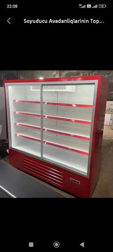 soyuducuların satışı: Qırmızı rəngdə, sürüşən şüşə qapıları olan ticarət soyuducusu — 1