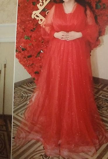 3xl: Qırmızı ziyafət/libas – tam uzunluqda, parıltılı tull şəffaf qatlarla — 2