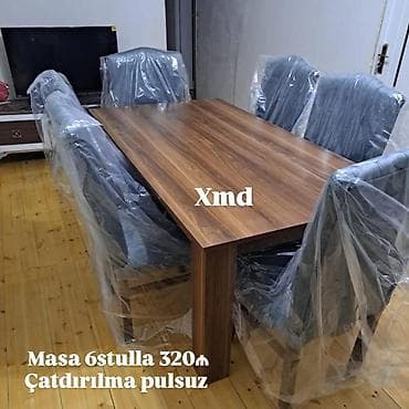 kafe stolu: Yemək otağı dəsti – 1 masa + 6 stul. - Masa: taxta teksturalı — 1