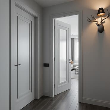 Ağ rəngdə, şüşəli, dördbucaq formalı qapı. Müasir dizaynı ilə seçilir