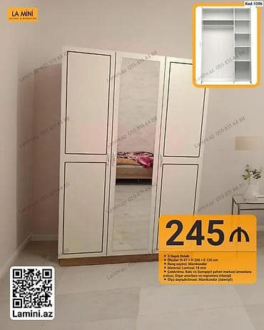 skaf: 3 qapılı geyim dolabı – Kod: 1096 - Ölçülər: Dər. 47 × Hündürlük 200 — 1
