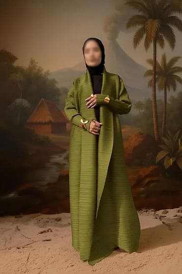 Baş geyimləri: Məhsul: Zeytun-yaşıl rənkli pliseli abaya/kardiqan - Model: Uzun — 2
