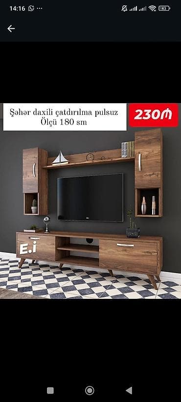 kitab refi: TV stendi və asma divar modulu dəsti - Ölçü: 180 sm - Material: ağac — 1