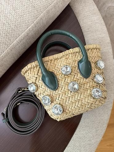 nic bag: Səbət tipli mini çanta – təbii toxuma materialdan, tünd yaşıl dəri — 4
