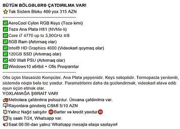 prosessor satilir: BÜTÜN BÖLGƏLƏRƏ ÇATDIRILMA VAR! ⭐Tək Sistem Bloku 400 yox 315 AZN — 2