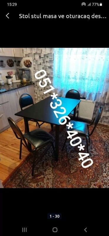 Masa və oturacaq dəstləri: Mətbəx üçün, Yeni, Açılmayan, Dördbucaq masa, 4 stul — 15