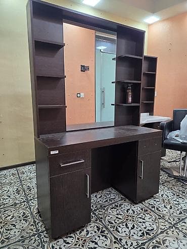 Salon, tibbi mebel: Salon üçün vizaj/berber masası və kreslo dəsti - Tünd ağac rəngində — 1