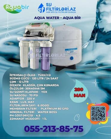 Su filtrləri: İstehsalçı ölkə	 Türkiyə Süzmə gücü	 120 litr / 24 saat Çən	 12 litr — 1