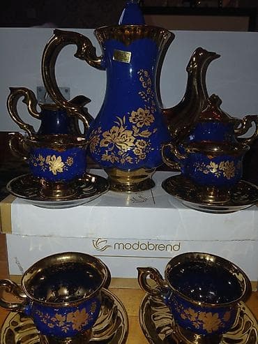 Çay dəsti, rəng - Göy, Farfor, 12 nəfərlik