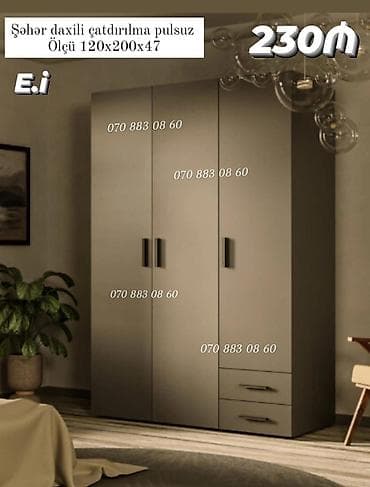 - Məhsul: 3 qapılı paltar şkafı, 2 aşağı çekmə ilə - Ölçü: 120 x 200 x — 1
